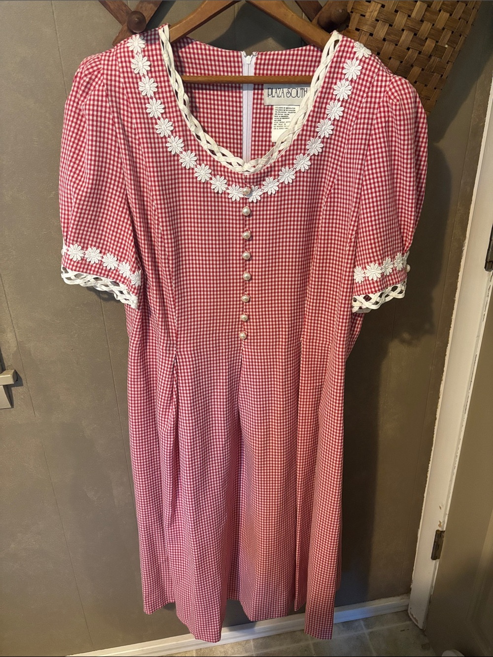Plaza South Red Gingham Midi Dress with White Floral Trim